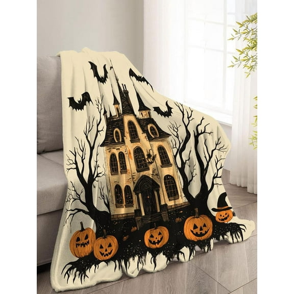 Kuscheln Halloween Bat Pumpkin Castle Blanket, Soft And Warm Plush Lightweight Flannel Blanket, Spooky Haunted Castle Blanket,  Suitable For Sofa, Bed, Halloween Decoration Travel And Outdoor Use