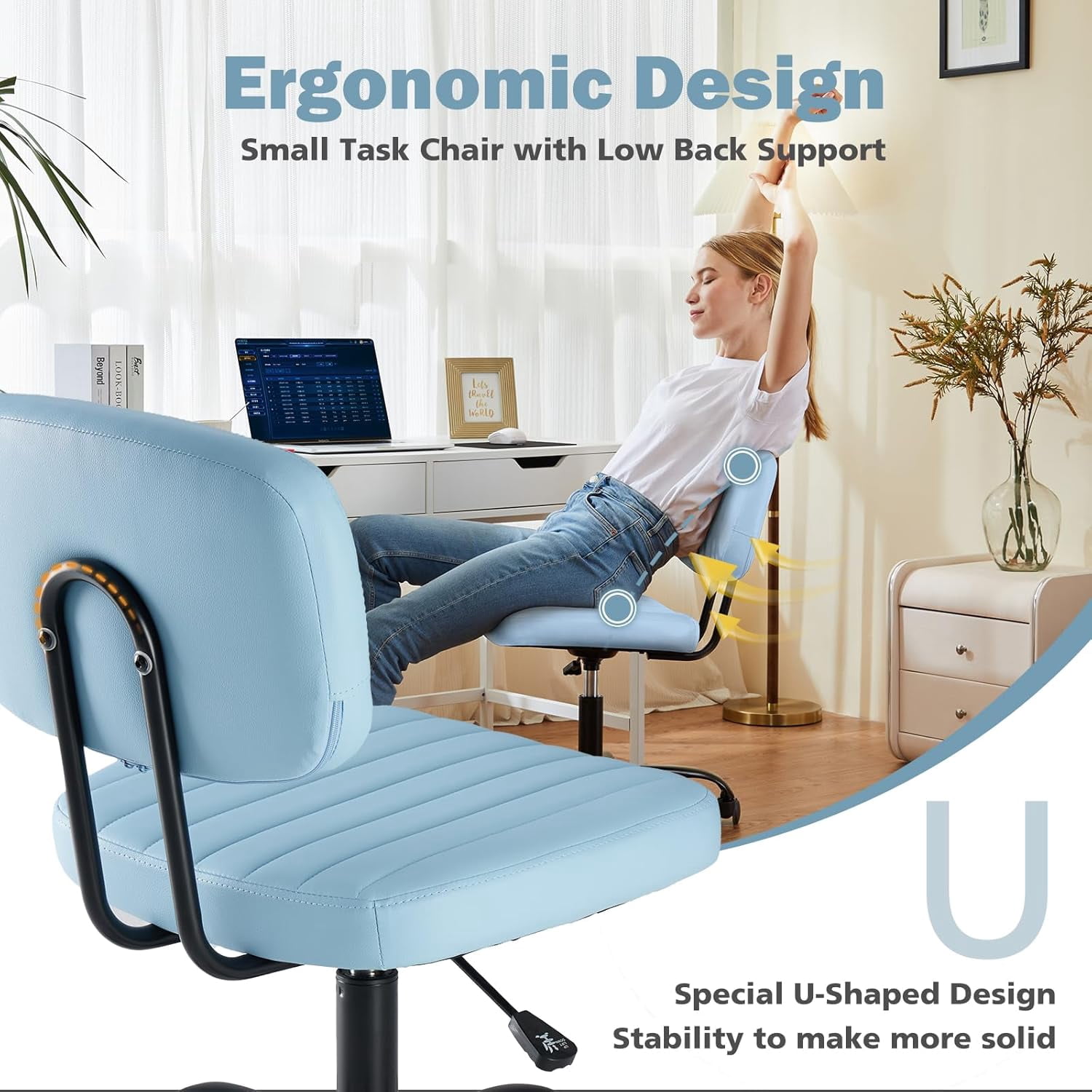 Armless Office Desk Chair with Wheels, Adjustable Height 360° Rolling Swivel Lumbar Support Low-Back Computer Chair, PU Leather, Blue