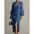thumbnail image 2 of Women's Blue Sheer and Denim Midi Length Midi Dress with V-Neck and Sheer Sleeve for Wedding Guest, Prom and Evening Party, 2 of 2