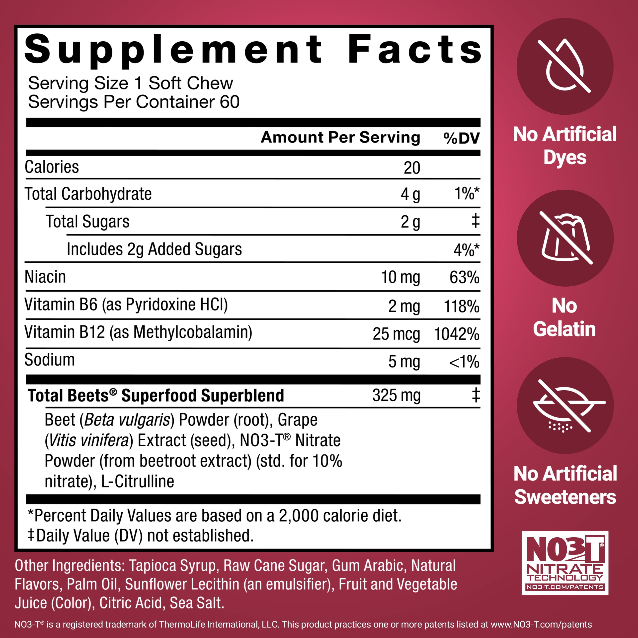 Force Factor Total Beets, Beet Root Supplement with Beetroot Powder for Heart Health, Nitric Oxide & Energy, Acai Berry, 60 Soft Chews