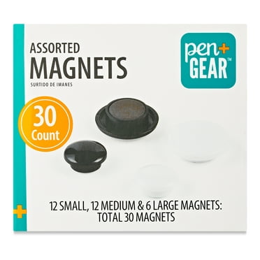Pen+Gear 30 Counts Round Plastic Covered Magnetic Buttons, Refrigerator Whiteboard Magnets for School Office Home - Black and White Colors with Small, Medium, Large Sizes.