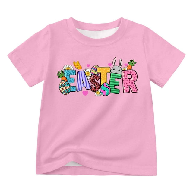 MIASHUI T-Shirt de Pâques pour Garçon et Fille, Manches Courtes, Imprimé Graphique, Rose, 8-9 Ans
