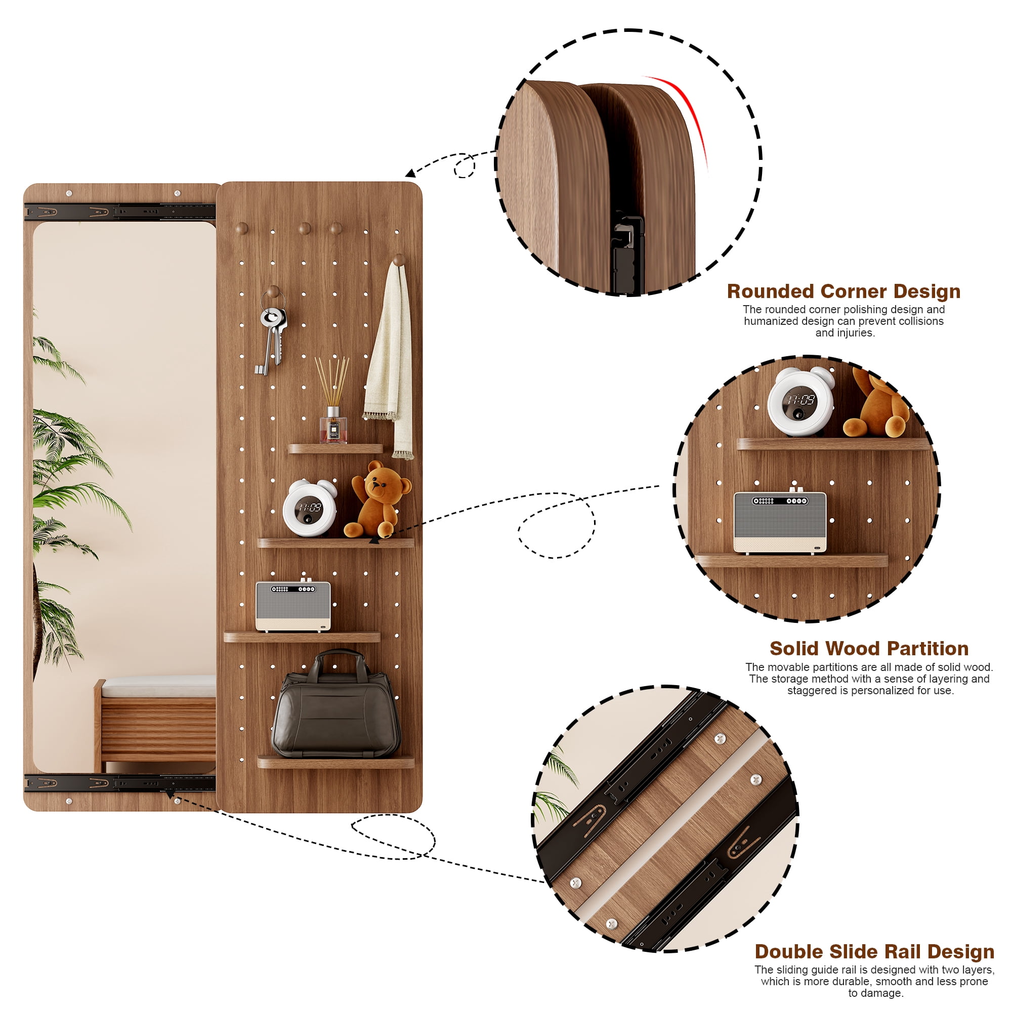 Leumius Wall Mounted Full Length Mirror,Full Body Mirror with Shelf,Multifunctional Wall Mounted Mirror with Hideable mirror for Entrance,Bedroom,Living Room,Walnut