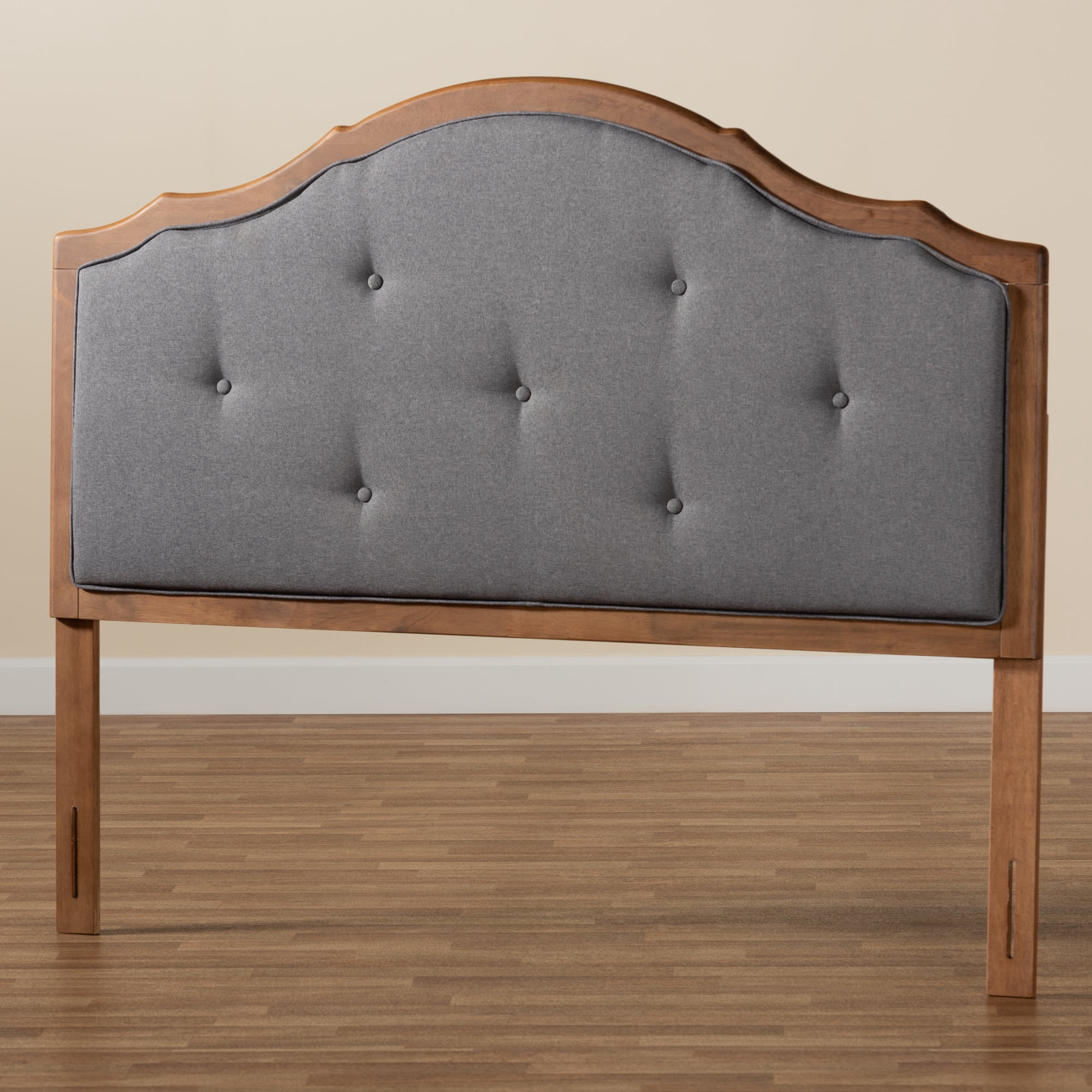 Baxton Studio Gala Vintage Classic Traditional Dark Grey Fabric Upholstered and Walnut Brown Finished Wood Queen Size Arched Headboard