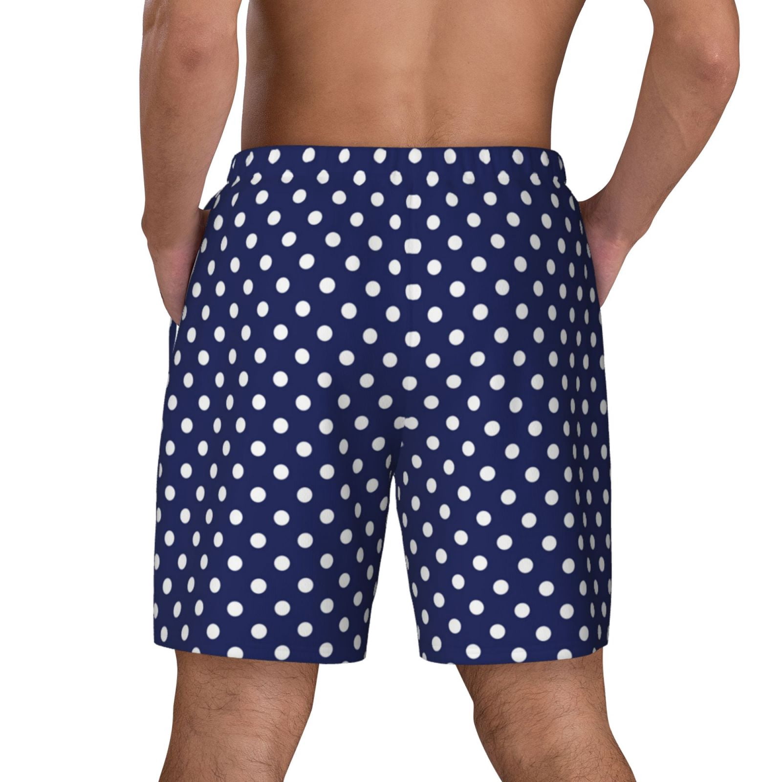Men's Deep Blue And White Dots Swim Trunks with Compression Liner Bathing Suit Swimwear