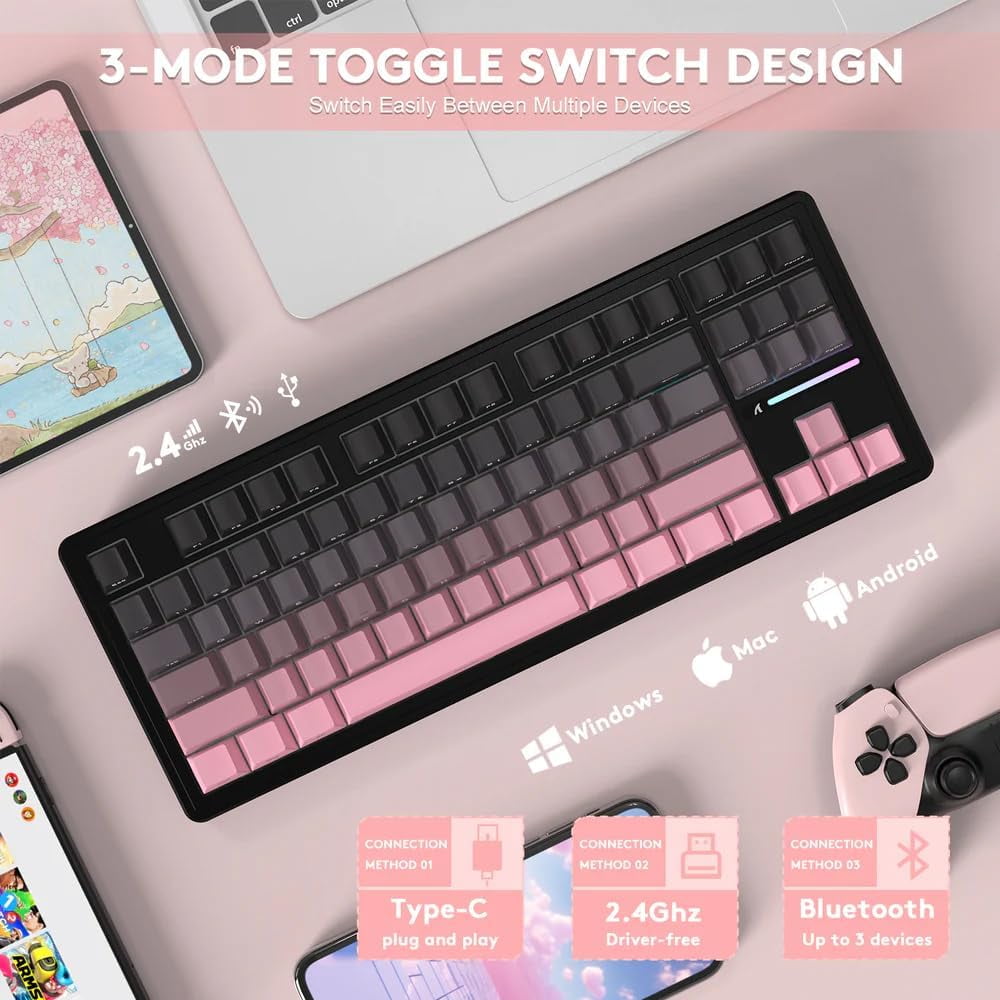 ATTACK SHARK M87PRO Wireless Mechanical Gaming Keyboard,Hot Swappable Gasket RGB Custom Keyboard,Linear Switch&Side Printed PBT Keycaps,BT5.0/2.4Ghz/Type-C,5000mAh Battery for Win Mac,Gradient Pink