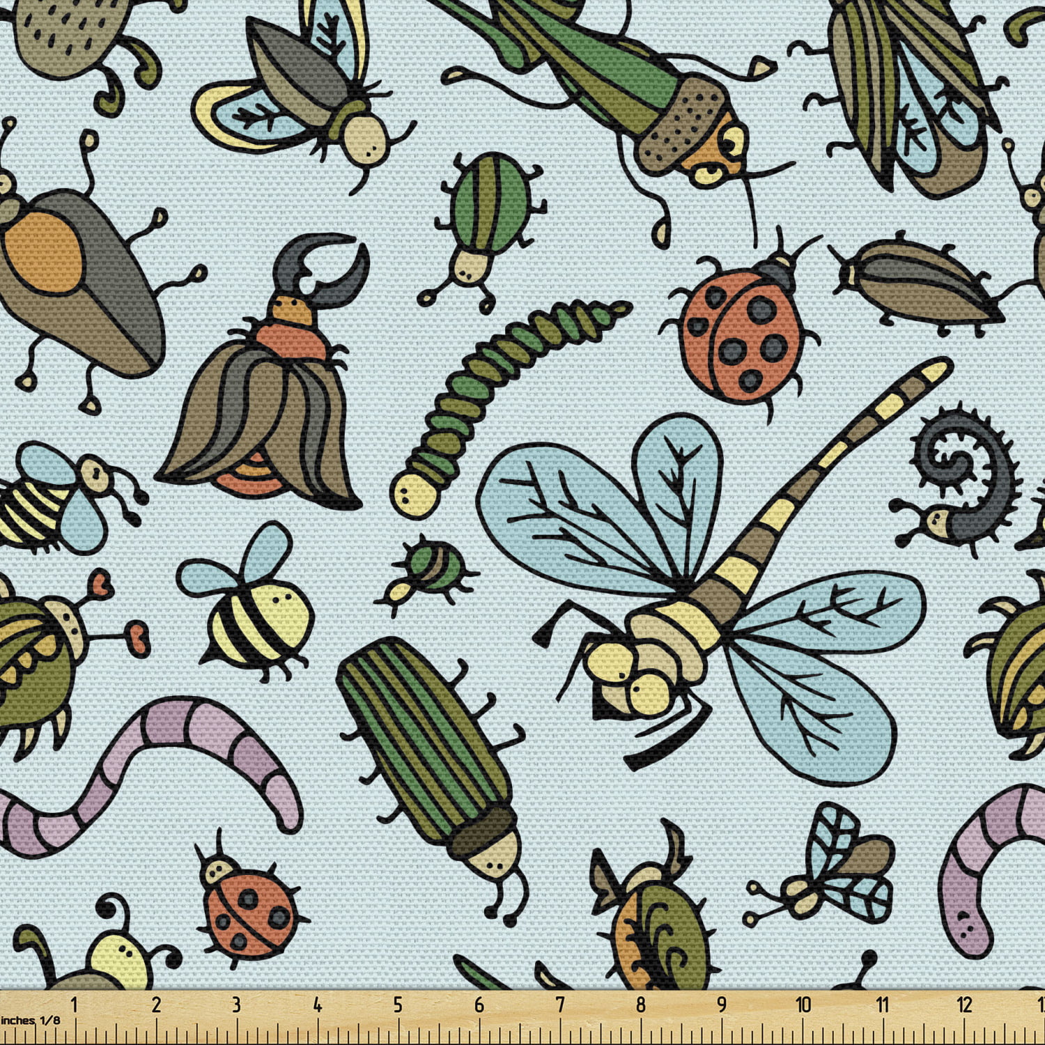 Summer Butterflies Lady Bugs Beetles Pastel Leaves Print Polyester & Poly-Spandex Fabric By The Yard