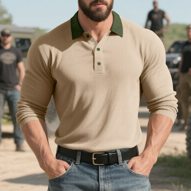 pstuiky camisetas de manga larga para hombre, Blusa/camisa de lana con botones, cuello vuelto y manga larga de color liso para hombre camisetas de hombre l