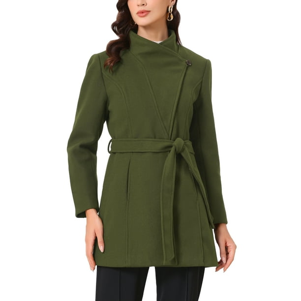 Abrigo largo clásico de mujer con cuello alto, manga larga, cinturón, tamaño XS, color verde militar