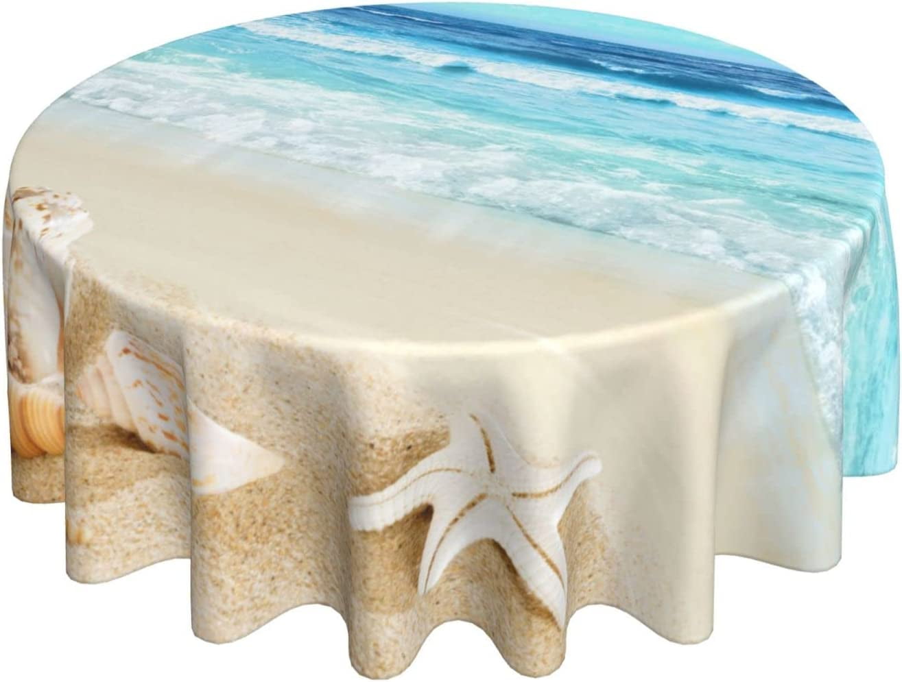 Summer Beach Theme Tablecloth Round 60 Inch Coastal Holiday Sand