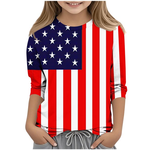 Atogsazn Kids Girls 4th of July Shirt Casual 3/4 Sleeve Pullover Loose Fit T-shirt Tunic Basic Top Tee Red 4-5 Years Fashion