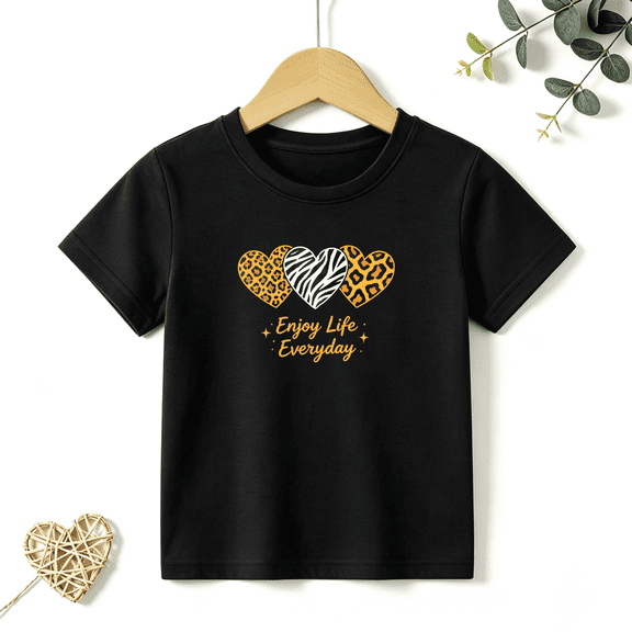 Girls Graphic Tees Animal Print Hearts Kids T Shirt Enjoy Life 100% Cotton Short Sleeve Soft Tops 4-13Y