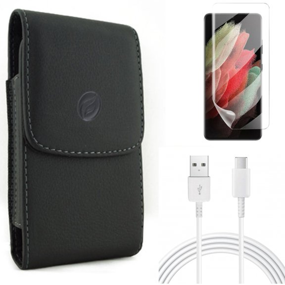 Case Belt Clip & Matte Screen Protector & 10ft USB-C Cable for Samsung Galaxy S21 Ultra Phone - Leather Holster & TPU Film Anti-Glare & Type-C Charger Cord Accessory Bundle