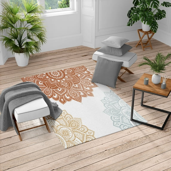 Flora Turkish Area Rug, South Mandala Design Vibrant Color Ornamental Illustration, Soft Carpet for Living Room Decor with Distressed Look, 4' X 5.7', Ginger Camel, by Ambesonne