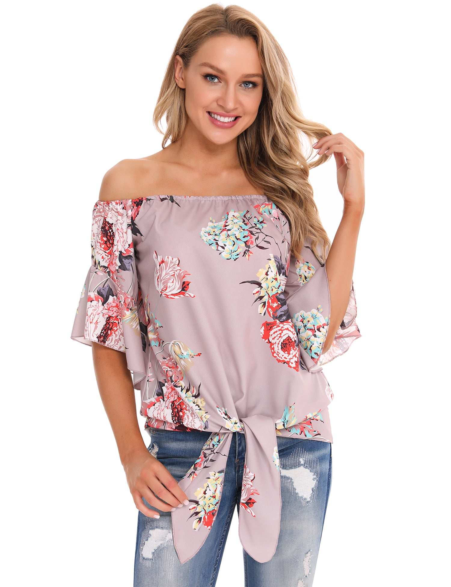 Uniexcosm Women Tops Off Shoulder Floral Print Long Sleeve Shirts ...