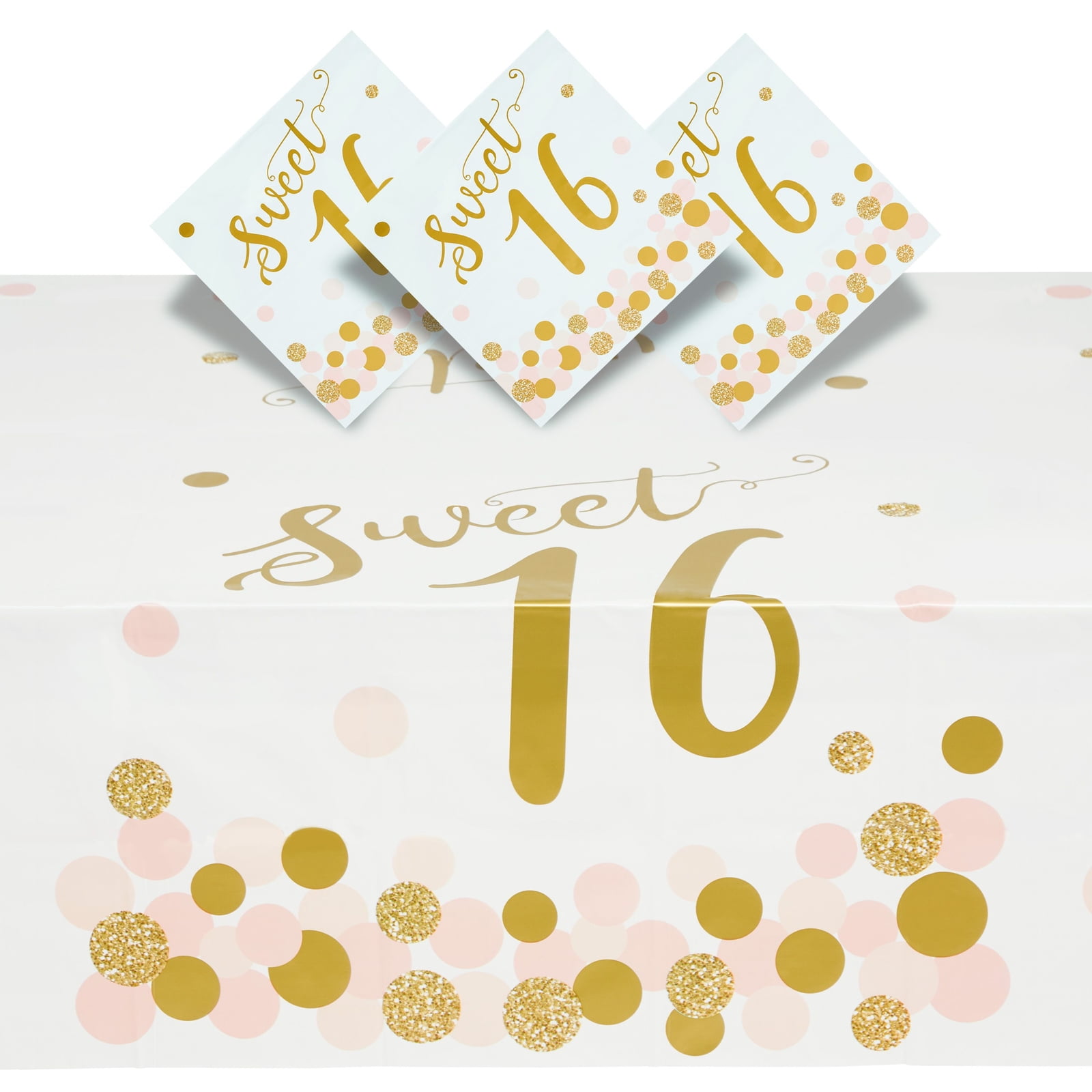 3 Pack Sweet 16 Tablecloths for Girls 16th Birthday Table Decorations, Pink and Gold Party Supplies, 54 x 108 in