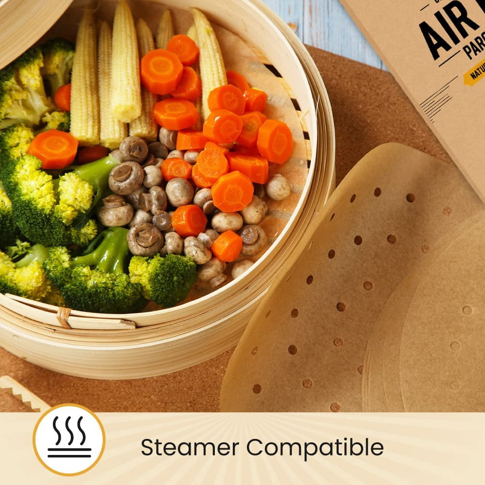JJEAN-9\u2033 Steamer Paper, Air Fryer Round Parchment Paper Liners \u2013 220pcs Unbleached Bamboo Steamer Liners \u2013 Easy Cleanup, Will Not Burn or Curl, Non-Toxic & Convenient Packaging by Bake