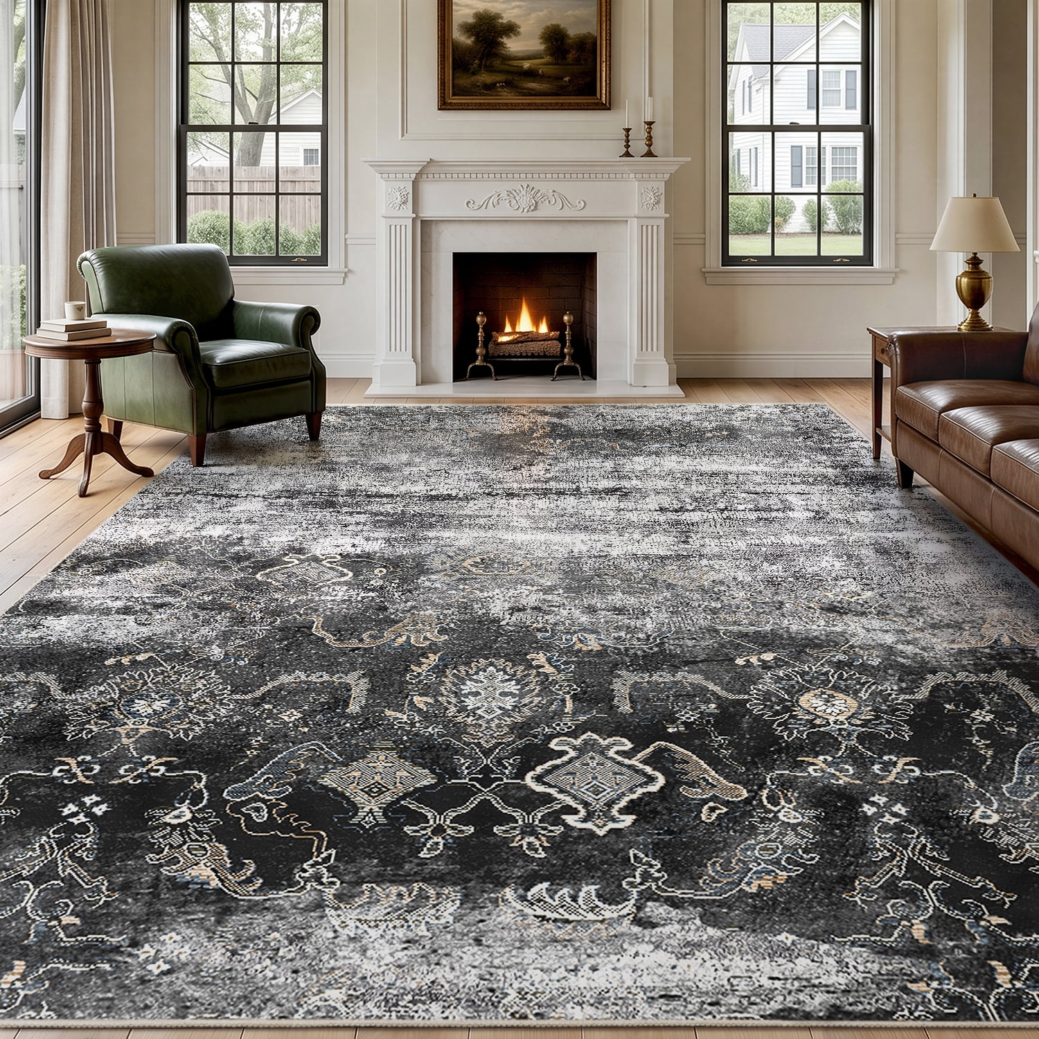 VUNATE 5'x7' Area Rugs for Living Room Machine Washable Rugs Abstract Vintage Distressed Indoor Rug Carpet Soft Lightweight Large Area Rug for Bedroom Dining Room Kitchen Nonslip Rug Black and Gray