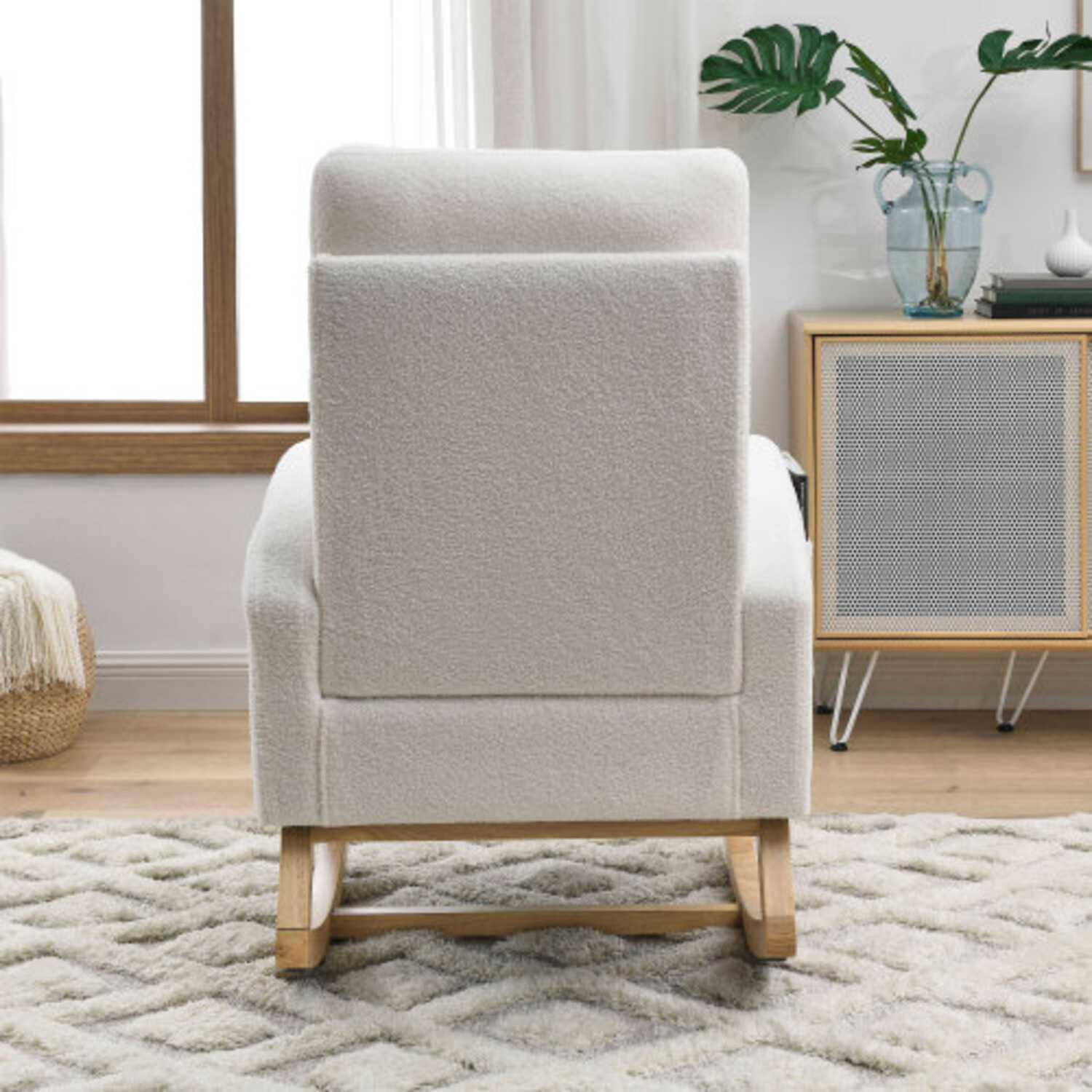 27.6"W Modern Accent High Backrest Living Room Lounge Arm Rocking Chair Two Side Pocket Teddy White Ivory