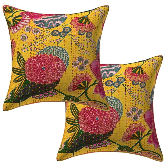Stylo Culture Ethnic Sofa Throw Pillow Covers 16x16 Kantha Yellow Printed 40x40 cm Living Room Toss Pillow Case Cotton Tropicana Square Cushion Covers | Set Of 2