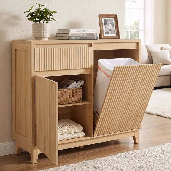 Poshby 40''W Tilt Out Trash Can Cabinet with Drawer, Charging Station for Kitchen Bathroom, Natural