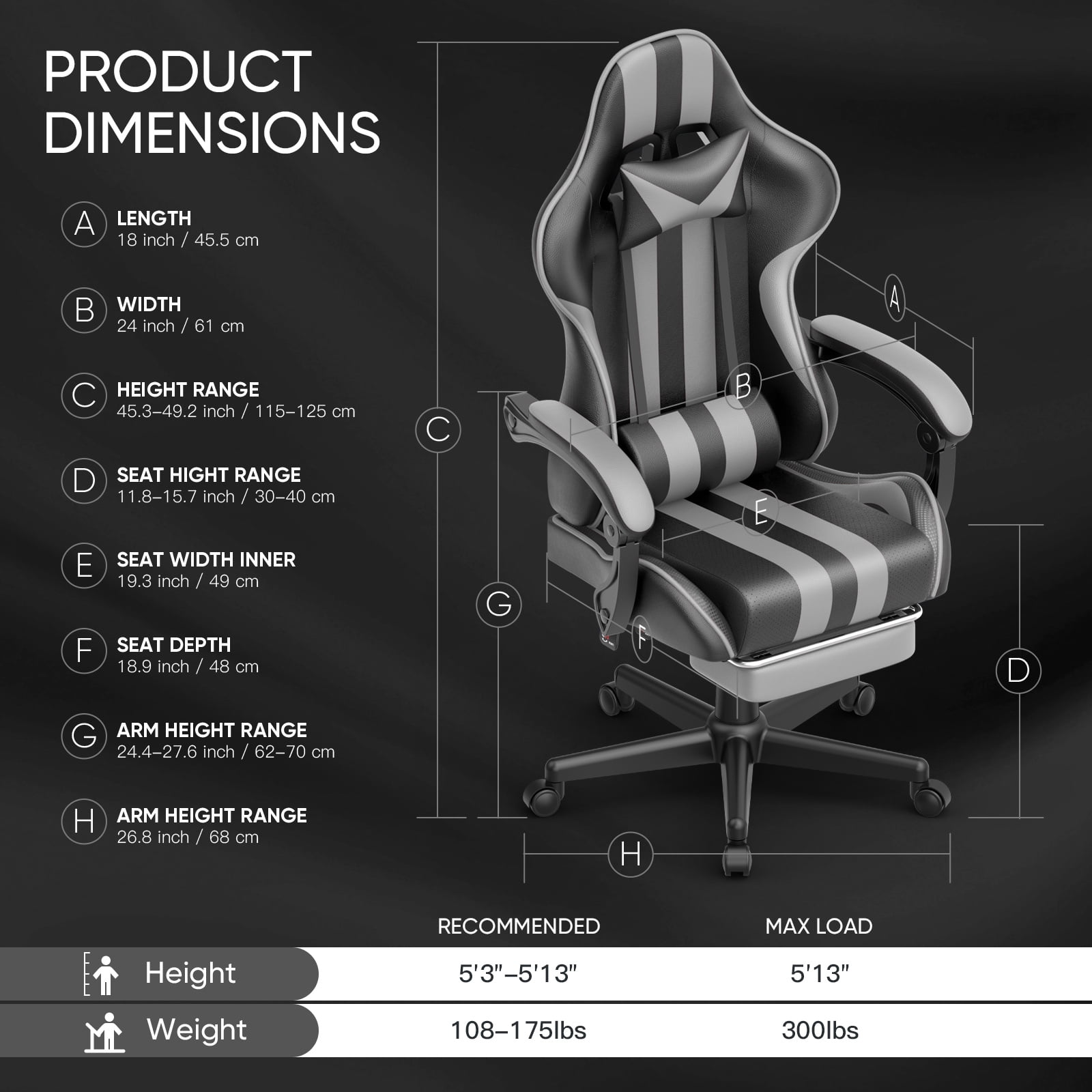 Lointain Grey Gaming Chairs with Footrest, PC Computer Chairs for Adults, Ergonomic Office Chair with Height Adjustment,Retractable Footrest,Headrest & Massage Lumbar Support,Racing Game Gamer Chair