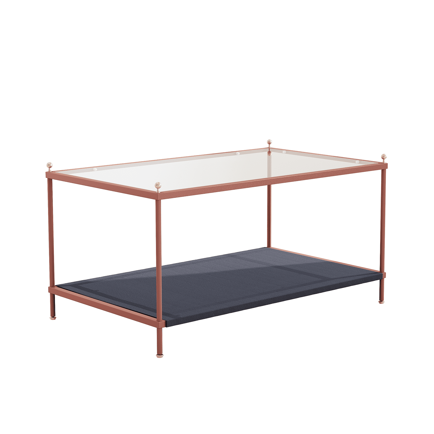 Kadyn Modern Rectangular Coffee Table, Glass Coffee Table for Living Room, Carbon Steel 2-Tier Tea Table & Pet Sharing Table （Provide pet mat）, Rose Gold