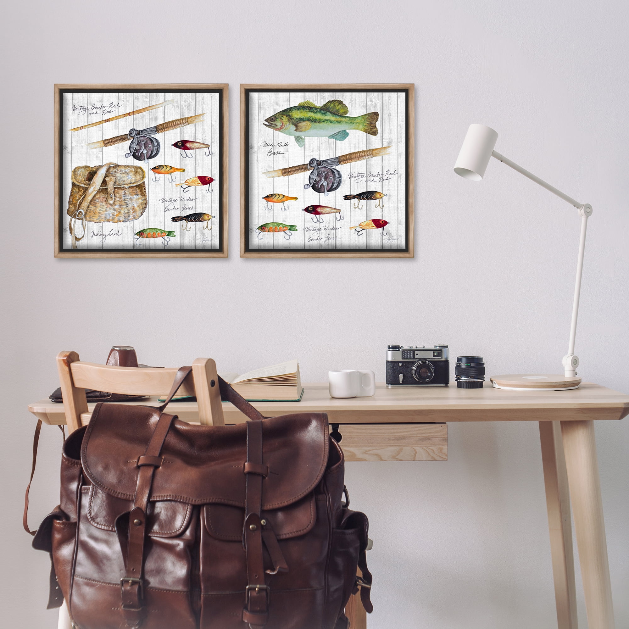 Stupell Industries Vintage Fishing Gear Sports Painting Brown Floater Framed Canvas Art Print Wall Art, 18 x 18, Set of 2