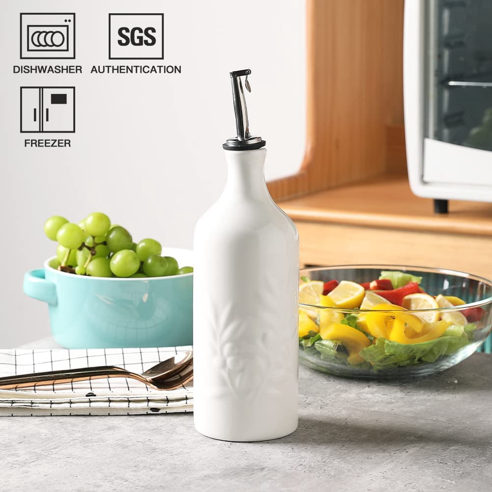 Ceramic 20 Oz Olive Oil Dispenser Bottle, Relief Opaque Oil Cruet, Suitable for Storage Oil, Vinegar, Soy Sauce, Coffee Syrup, Liquids, Set of 1 (White)
