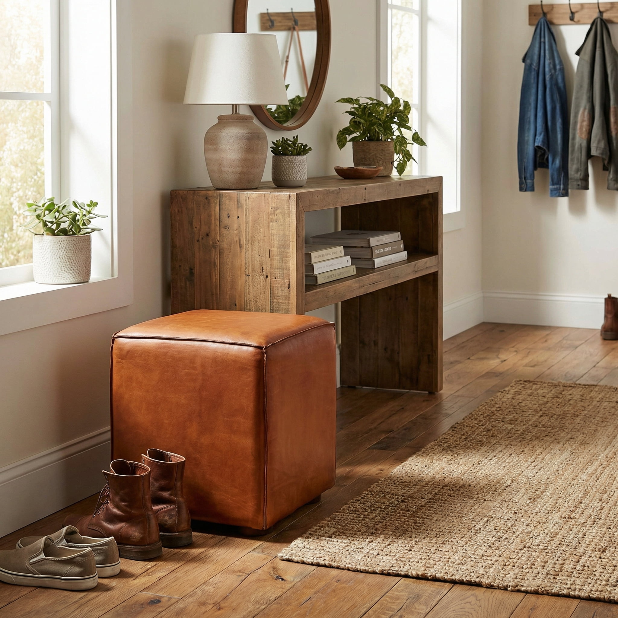 Bare Decor Sands Genuine Leather Cube Ottoman, Saddle Brown