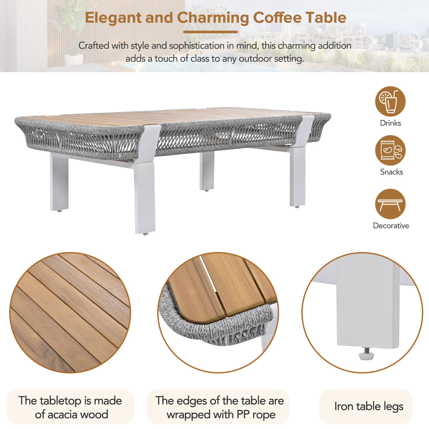Harper & Bright Designs Outdoor Rope Furniture Set, 4 Piece Patio Conversation Set with Loveseat and 2 Chairs & Coffee Table for Backyard Porch Garden, Greyen Poolside and Backyard, Beige+Grey