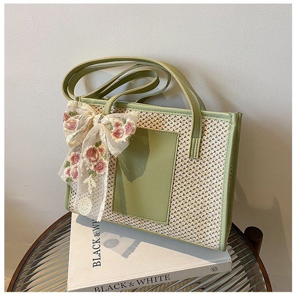 Nuevo bolso de paja, sencillo y elegante, tipo pañuelo de seda, bolso de hombro para mujer, bolso de playa de verano de gran capacidad.
