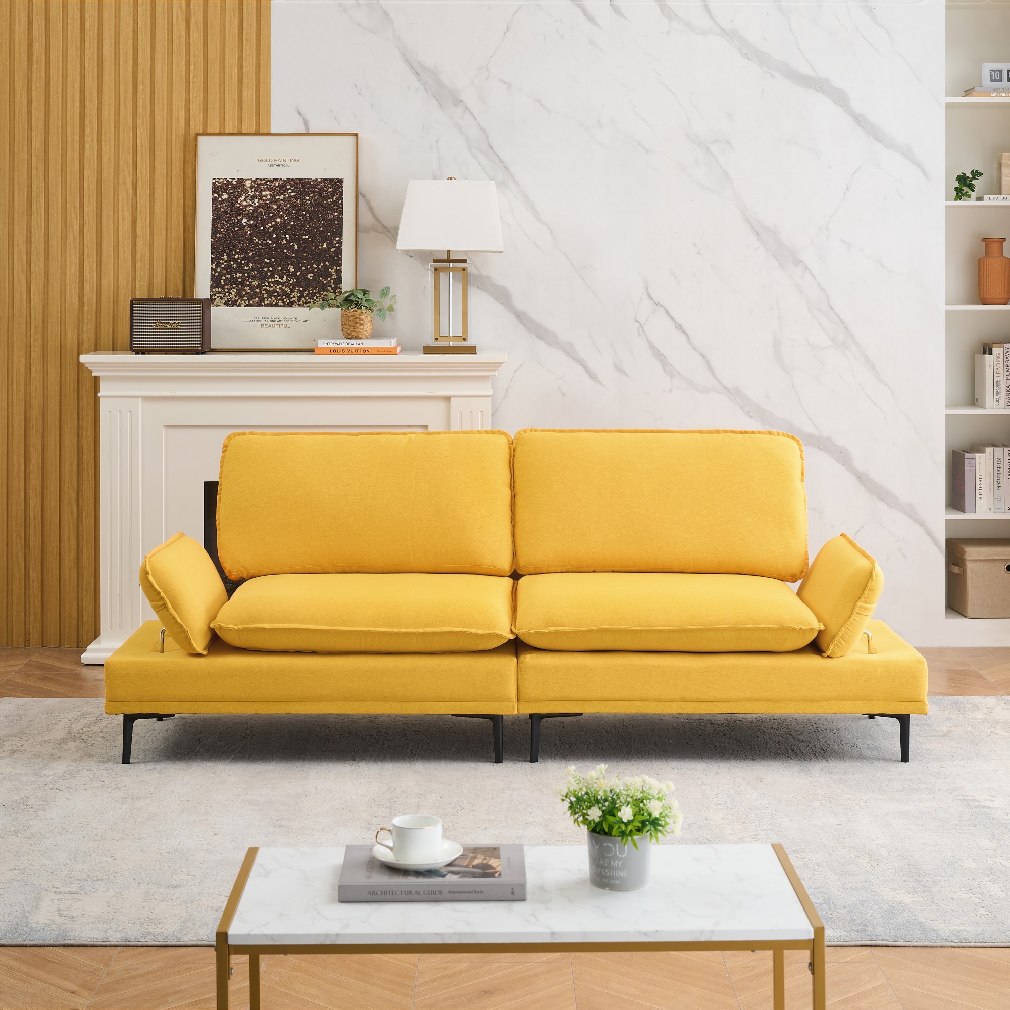 89" Sofa Couch for Living Room,3 Seater Sofa,Comfy Cotton Upholstered Couch with Adjustable Armrest for Small Space,Yellow