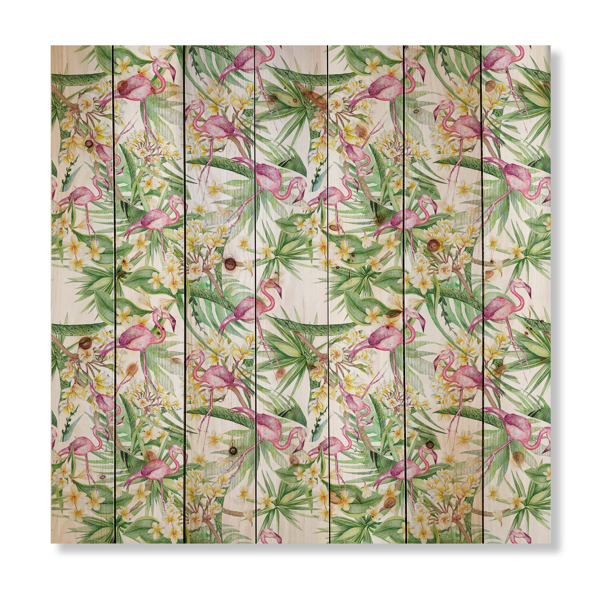 Designart 'Yellow Flowers, Tropical Foliage With Flamingo II' Modern Print on Natural Pine Wood