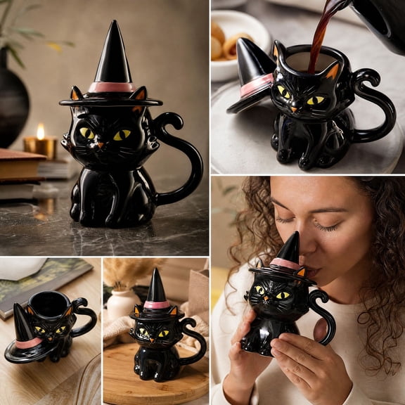 UALSRZL Black Cat Ceramic Mug with Witch Hat Lid, Halloween Coffee Cup, Cute Cat Shaped Mug for Tea Hot Cocoa, Gothic Drinkware Gift for Witch Lovers