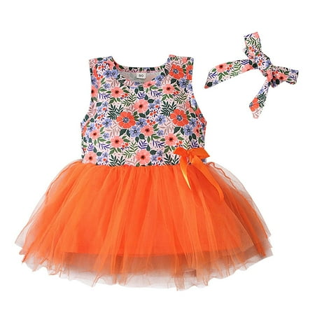 

Penkiiy Toddler Baby Girls Children Summer Sleeveless Floral Vest Flower Print Bow Lace Mesh Dress Toddler Girls Clothes 12-18 Months Orange 2023 Summer Deal