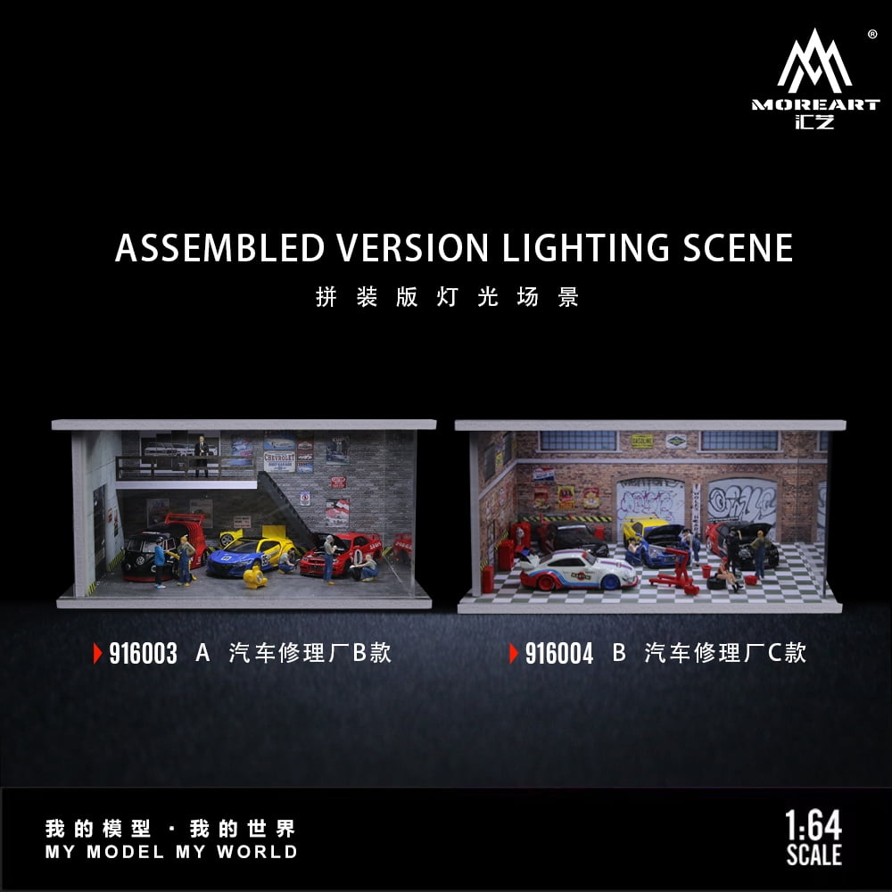 1:64 Scale Diorama Car Garage Model, LED Lighting Shown Scene Display Model, Diecast Car Model Display Case, Parking Lot Showcase, Showroom Scene Building Model Toy Gifts