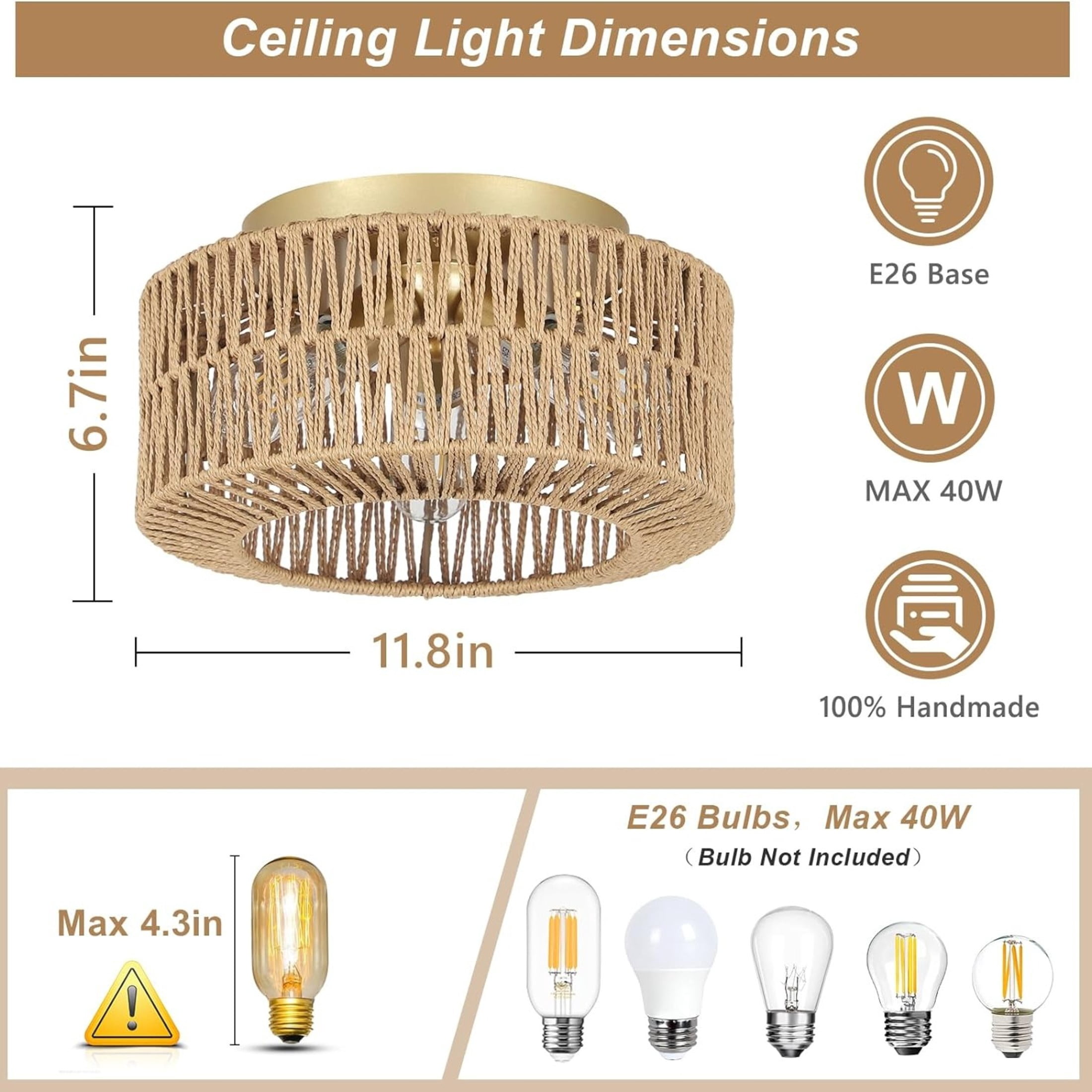 Noble House 12" Boho Rattan Flush Mount Ceiling Light, 3-Light Woven Fixture for Bedroom & Kitchen, Natural and Gold