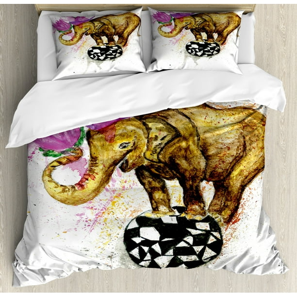 Elephant Duvet Cover Set King Size Giant Design On Minimalist Ball With Watercolor Flowers Head Art Print Decorative 3 Piece Bedding 2 Pillow Shams Multicolor By Ambesonne Com Elephant Duvet Cover Set King Size, Elephant Print King Size Bedding