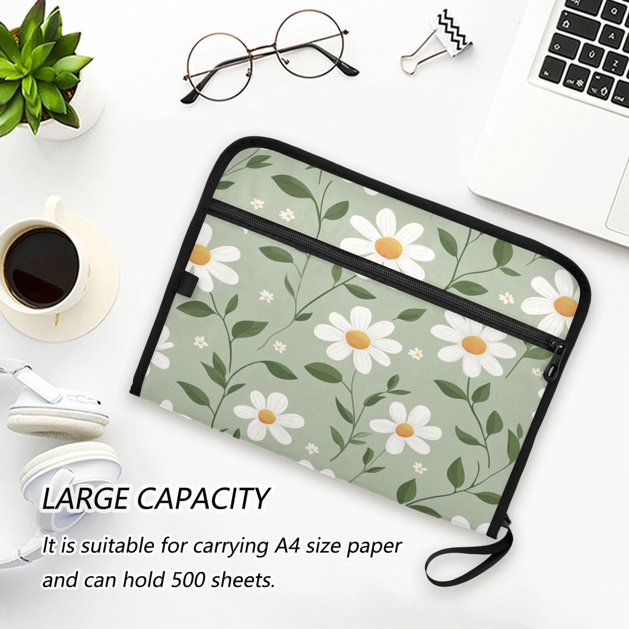 WOBOGO A Seamless Pattern Of White Daisies Expanding File Folder Letter Size Accordion Filing Organizer 13 Pocket Separate Organ Pocket