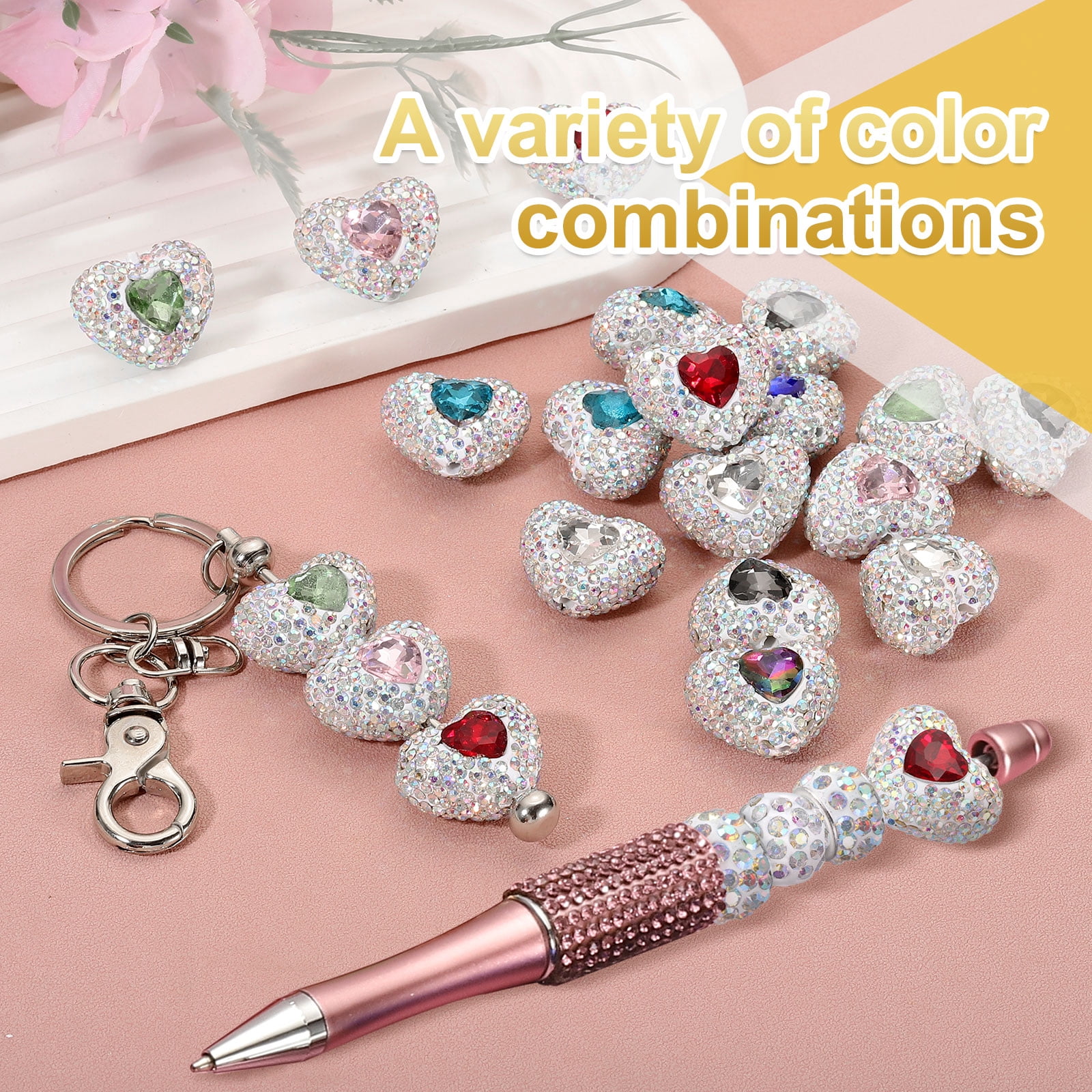 Uxcell 12Pcs Rhinestone Beads for Pens Heart Shape Fancy Focal Beads Bling Rhinestone for Beadable Pens Jewelry Making Keychain DIY Handicrafts(Jewel and Neutral Tones)