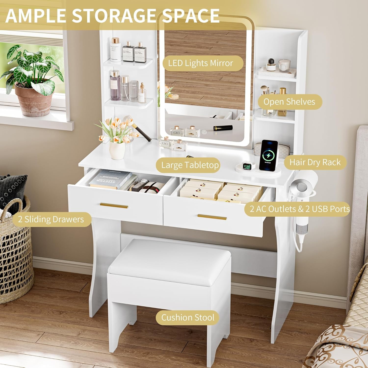 FANRAL Vanity Set with Mirror and Lights,31.5" Small Vanity Bedroom Vanity Desk,Makeup Vanity with Chair & Drawers & Power Outlet,White Vanity