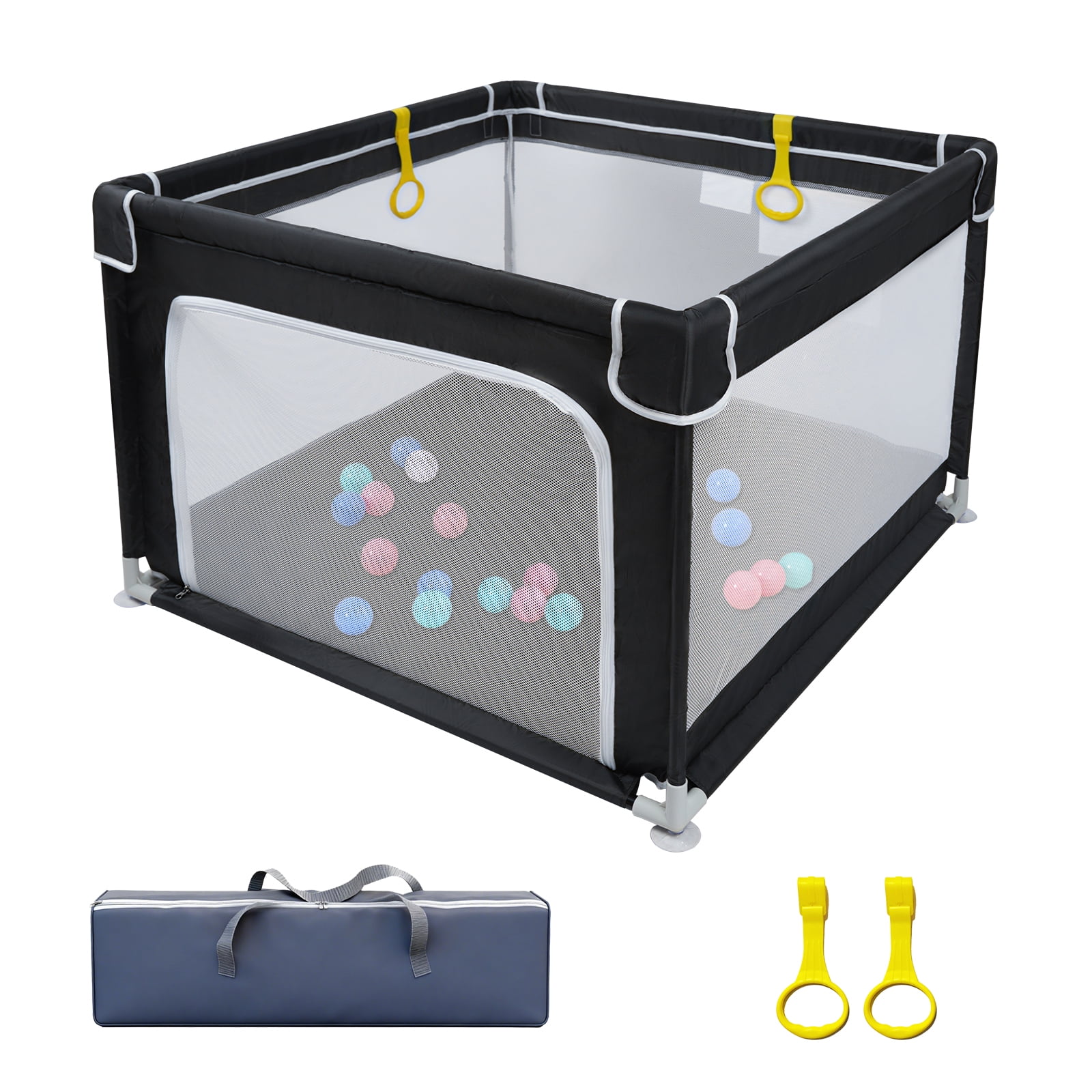 Baby Playpen,Play pens For Babies And Toddlers,Small play Yard 36" x36" Indoor & Outdoor Mini Baby Fence Play Area Anti-Fall with Gates, with Breathable Mesh, with Pull-Up Ring(Grey）