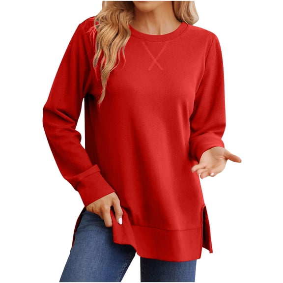 aohooy Side Split Tunic Sweatshirt for Women Drop Long Sleeve Sweatshirts Spring Ribbed Knit Casual Crewneck Pullover Tops Shirts Red,L