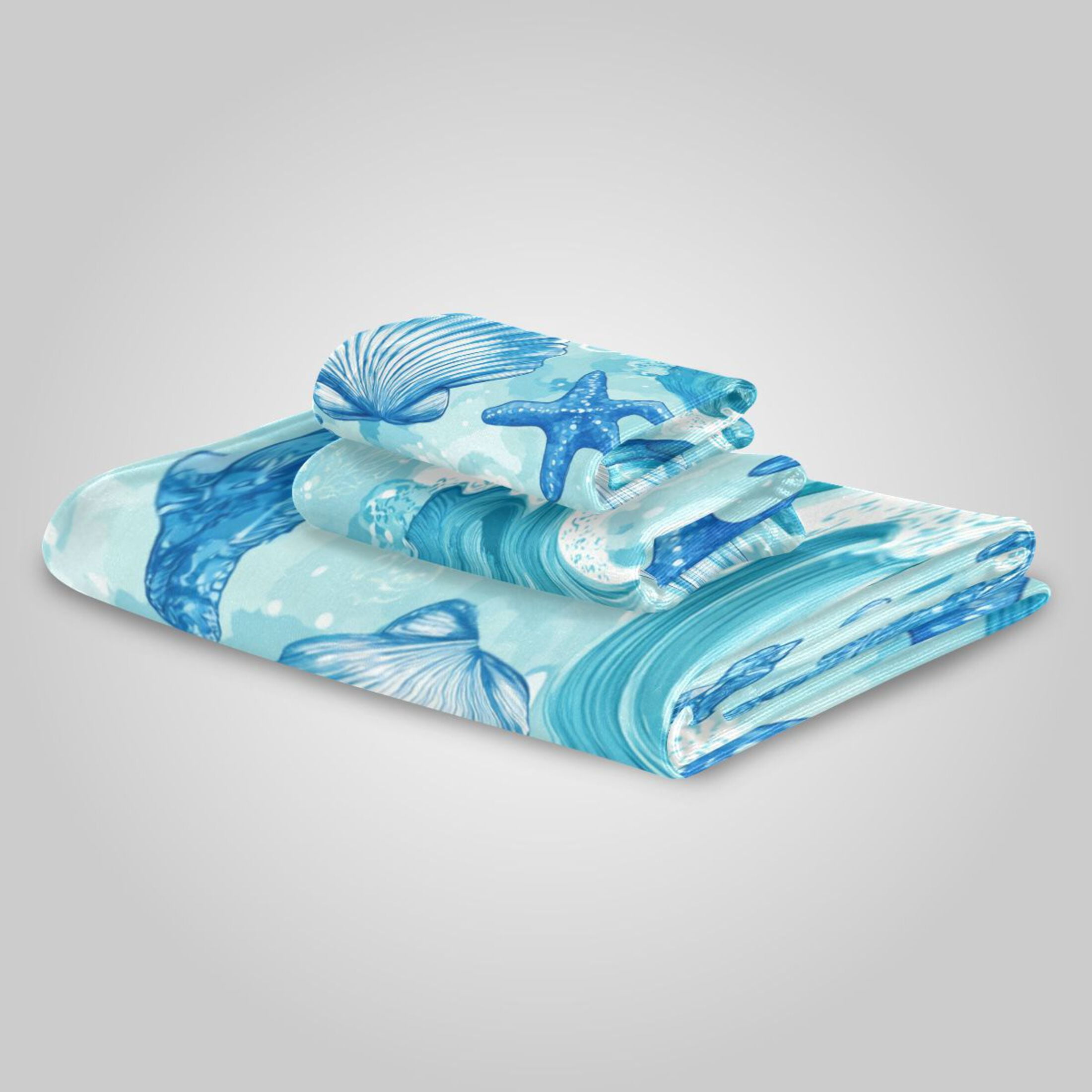 3 Pack Towel Set - Bath Towel, Hand Towel & Washcloth for Daily Household Use Nautical Blue Sea Life Art
