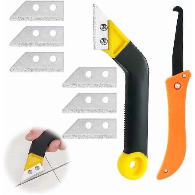 Grout Scraper, Set of 9 Tile Grout Scrapers with 7 Replacement Blades and 1 Angled Saw, Razor Tile Cleaning Scraper, Tile Joint Scraper