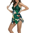 thumbnail image 4 of Seyurigaoka Women Summer Split Tankini Set Leaves Printed Splicing Hanging Neck V-neck Tops + Solid Color Briefs Plus Size Beach Bathing Swimwear, 4 of 9