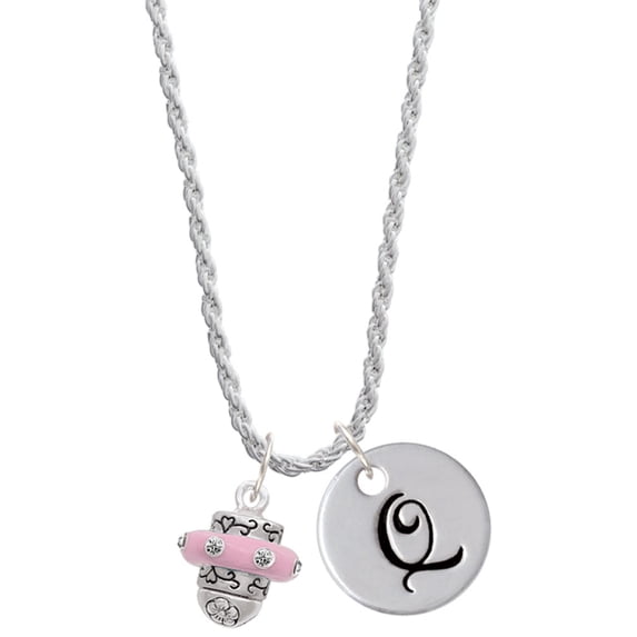 Delight Jewelry Silvertone Crystal Pink Spinner Silvertone Script Initial Disc - Q - Charm Necklace, 20"+3"