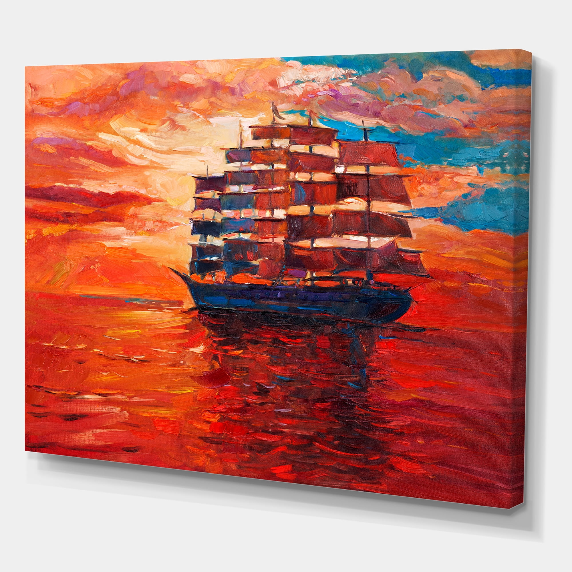 Designart ' Frigat During Red Evening Glow On The Ocean Horizon ' Nautical & Coastal Canvas Wall Art Print