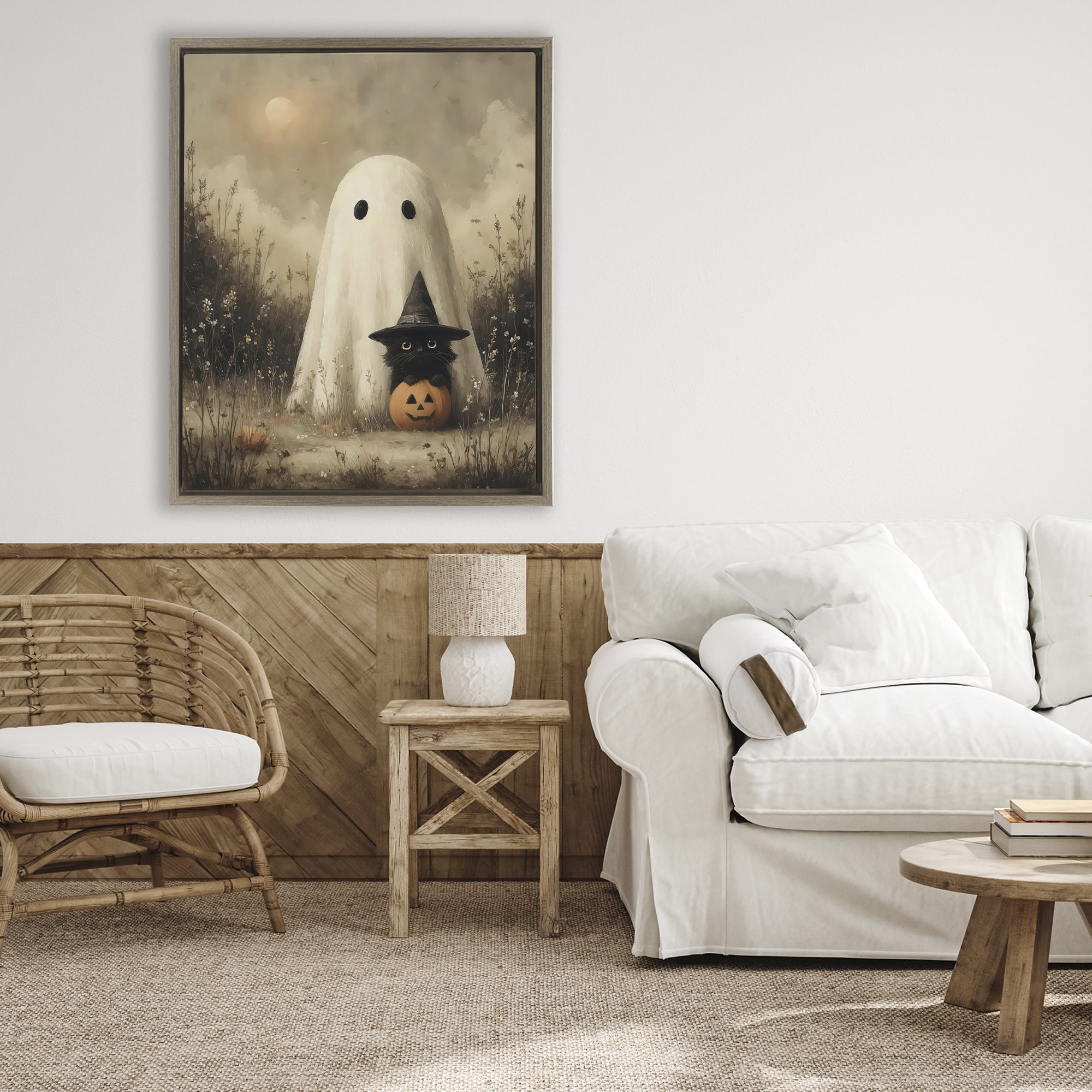 Ghost with Black Kitten Brown Framed Floater Canvas Wall Art, design by Arlington Prints